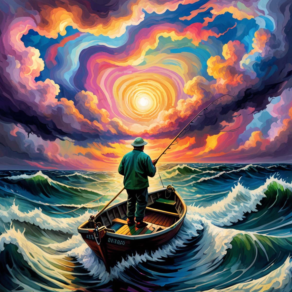 an impressionistic artwork LSD Trip an fisherman on open see in a stormy sea ,colorful sky